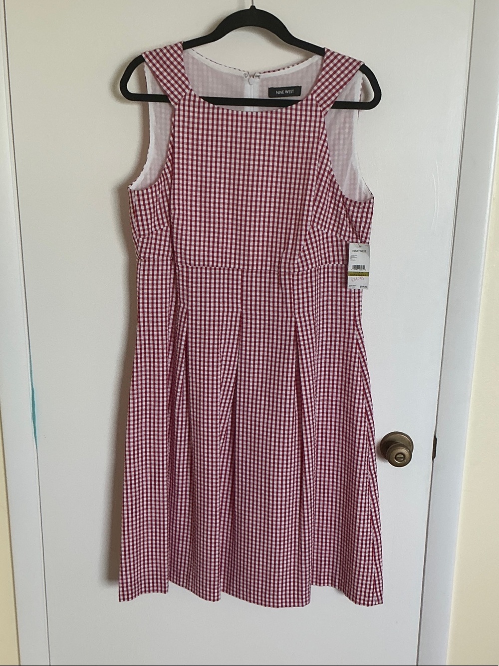 Nine West Red Gingham Fit-and-Flare Sleeveless Dress